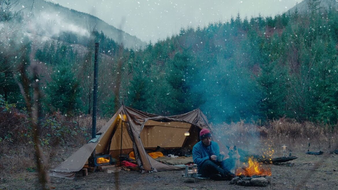 Cold Weather Camping with my Dog in Wet Snow and Rain - Hot Tent Wood Stove (ASMR)