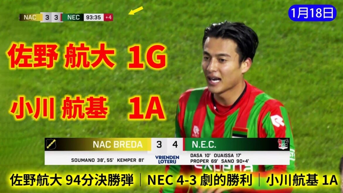佐野航大が94分にゴールを決め、NECは4-3で勝利。小川航基も1アシストを記録し、日本人コンビがチームを劇的な勝利へ導きました！