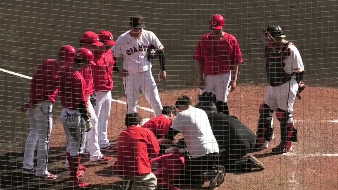 場内騒然...カープ久保修が頭部死球受け担架で退場！巨人石川投手は危険球退場！広島カープvs読売ジャイアンツ練習試合 2026年2月15日