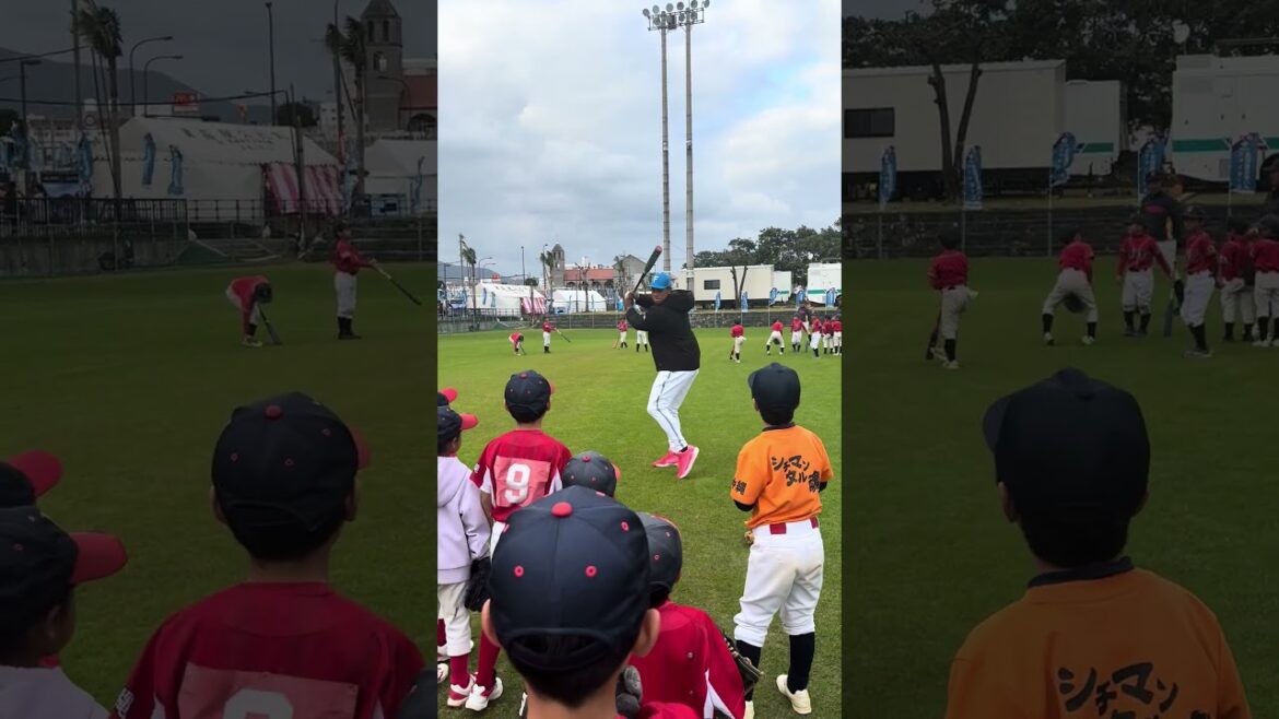 野球教室での一コマ📷子どもたちの前で迫力あるスイングを披露👀 #万波中正 #ドミれ #lovefighters
