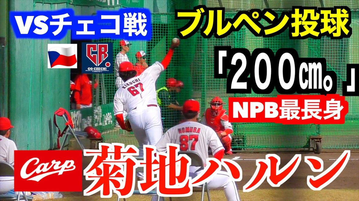 【最長身２００㎝】菊地ハルンブルペン投球！広島東洋カープ２軍vsWBCチェコ代表čeština　【２０２６／２／２４＠天福球場】