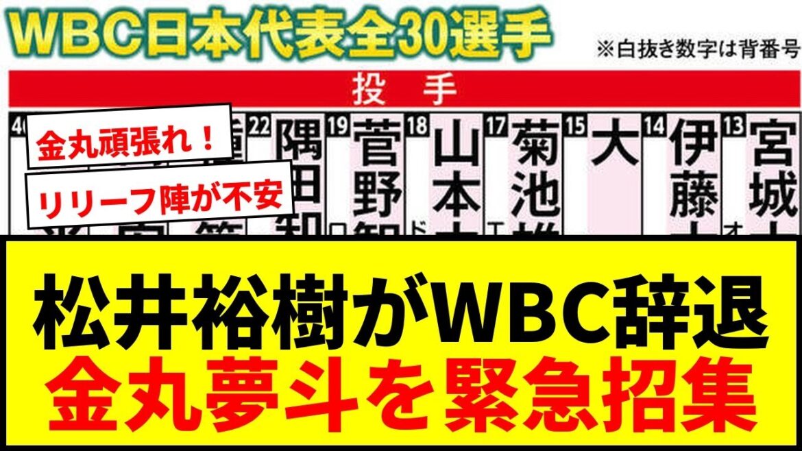 【速報】侍ジャパン松井裕樹がWBC辞退！金丸夢斗を緊急招集でリリーフ陣に不安の声