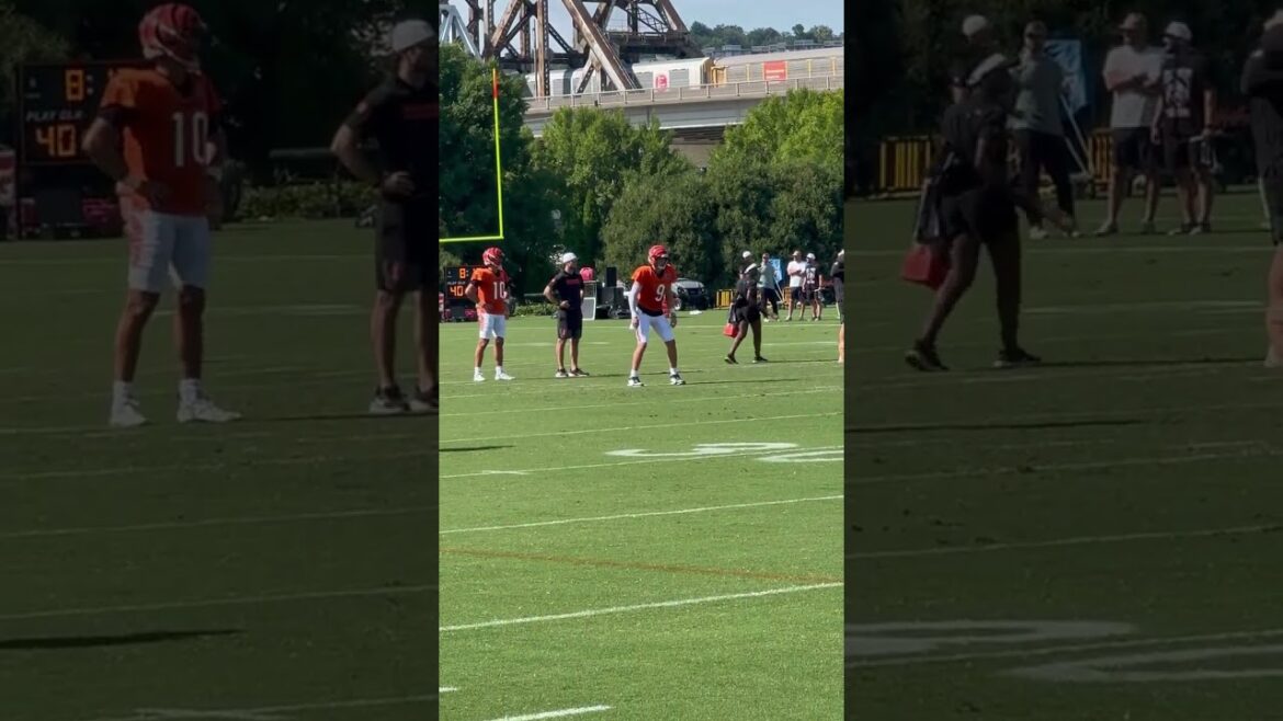 Joe Burrow works on out routes to Ja’Marr Chase and Tee Higgins Wednesday