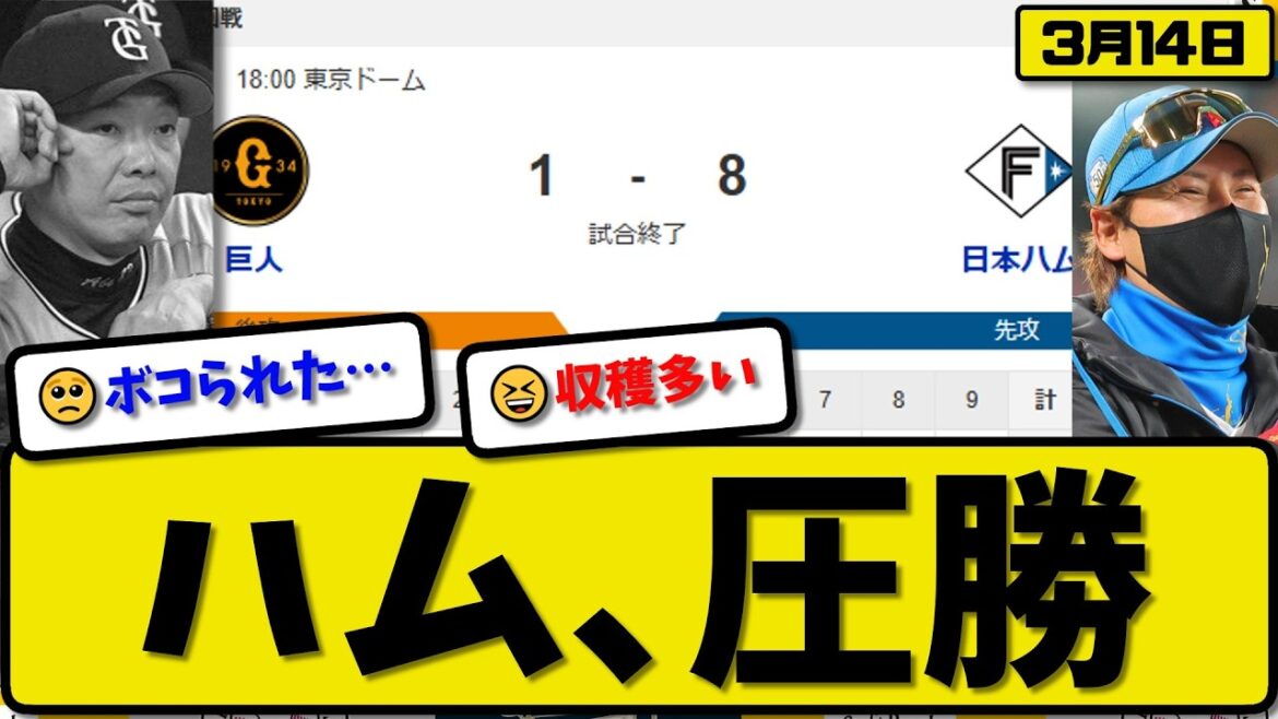 【オープン戦】日本ハムファイターズが読売ジャイアンツに8-1で勝利…3月14日圧勝…先発細野5.2回1失点…レイエス&水谷&水野&矢澤が活躍【最新・なんJ・2ch】プロ野球