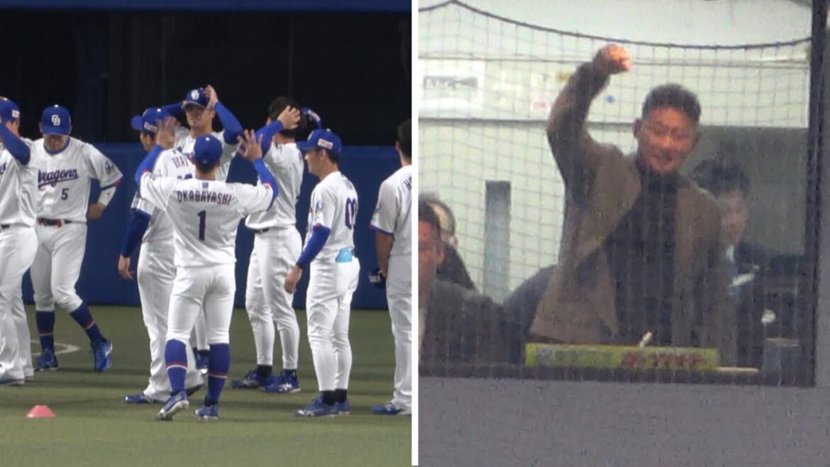 解説席にいる中田翔を見つけ手を振る選手たち！それに応えてエールを送る中田翔！（2026/3/21）