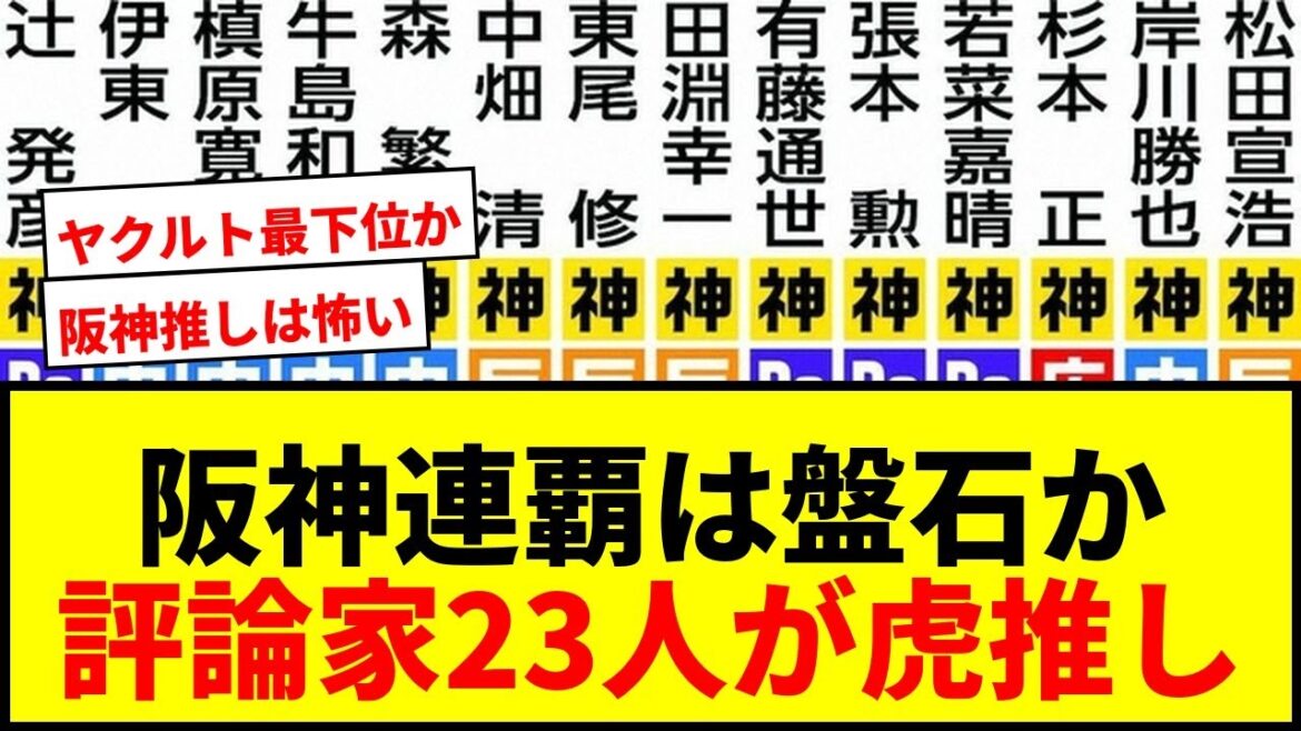【衝撃】阪神連覇は盤石か?評論家26人中23人が阪神推し!虎の牙城を崩すのはどこだ? 【衝撃】阪神連覇は盤石か?評論家26人中23人が阪神推し!虎の牙城を崩すのはどこだ?