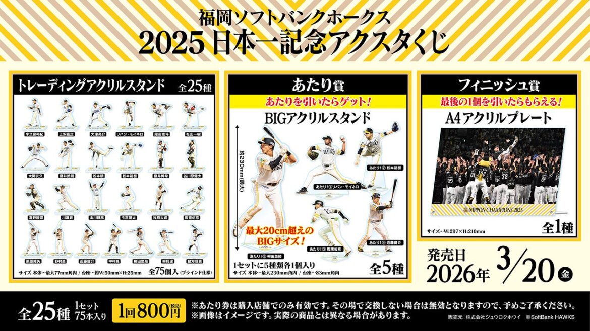 「福岡ソフトバンクホークス 2025日本一記念アクスタくじ」発売のお知らせ | 株式会社ジュウロクホウイのプレスリリース