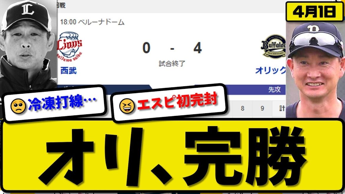 【2位vs2位】オリックスバファローズが西武ライオンズに4-0で勝利…4月1日完勝…先発エスピノーザ9回無失点…シーモア&中川&廣岡が活躍【最新・なんJ・2ch】プロ野球