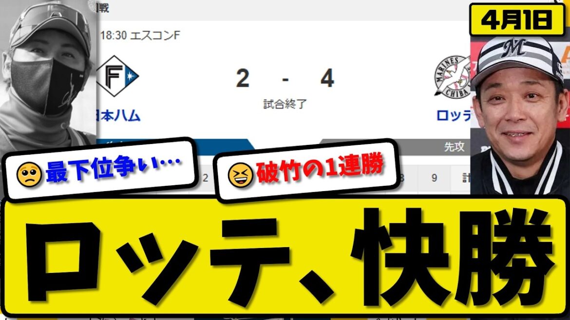 【2位vs5位】ロッテマリーンズが日本ハムファイターズに4-2で勝利…4月1日快勝…先発ジャクソン5回無失点…ソト&寺地が活躍【最新・なんJ・2ch】プロ野球