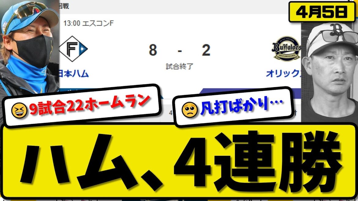 【2位vs2位】日本ハムファイターズがオリックスバファローズに8-2で勝利…4月5日4連勝…先発有原7回2失点…レイエス&五十幡&田宮&奈良間&万波が活躍【最新・なんJ・2ch】プロ野球