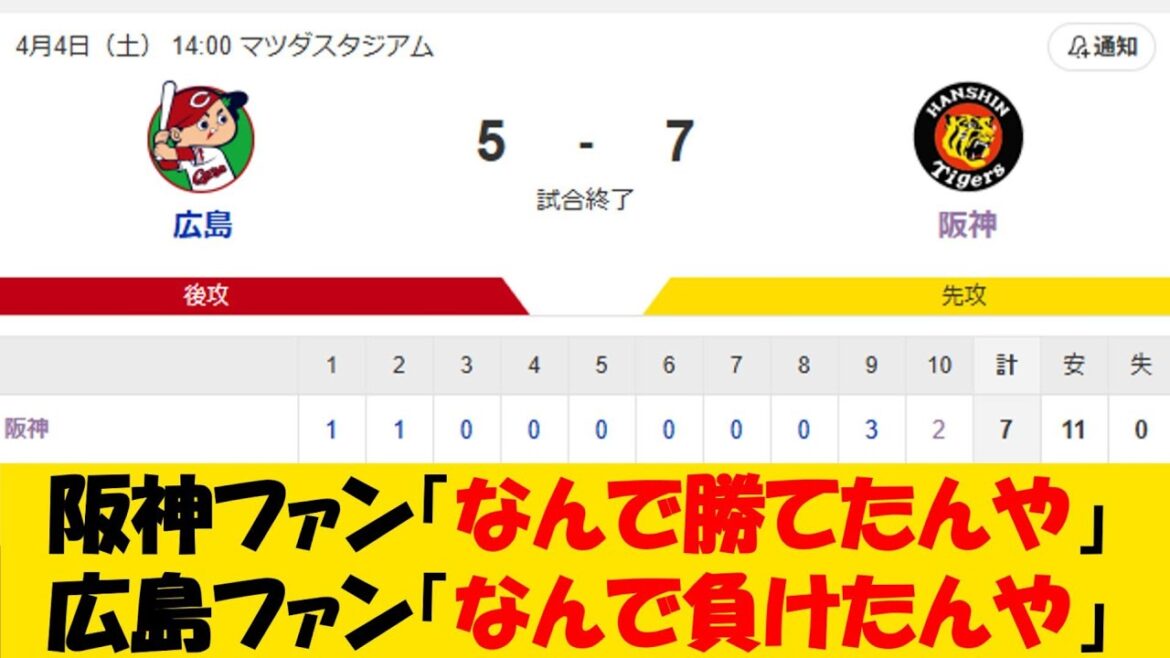 【大逆転】阪神ファン「なんで勝てたんや」広島ファン「なんで負けたんや」【野球情報】【2ch 5ch】【なんJ なんG反応】【野球スレ】