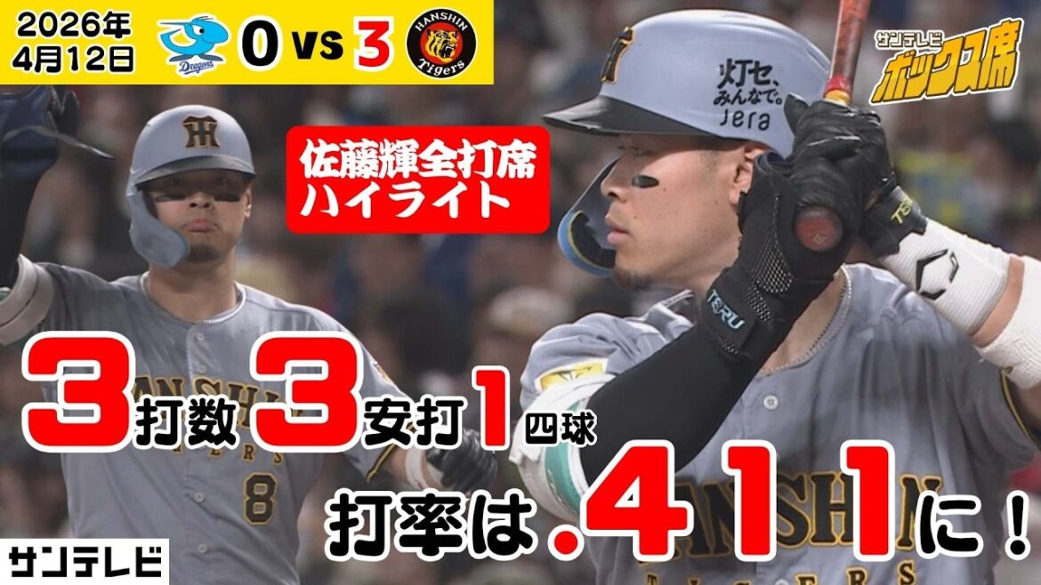 【サトテル3-3猛打賞｜驚異の.411に】頼れる４番！サトテルの全打席を振り返る！（4月12日 中日ー阪神） #サンテレビボックス席