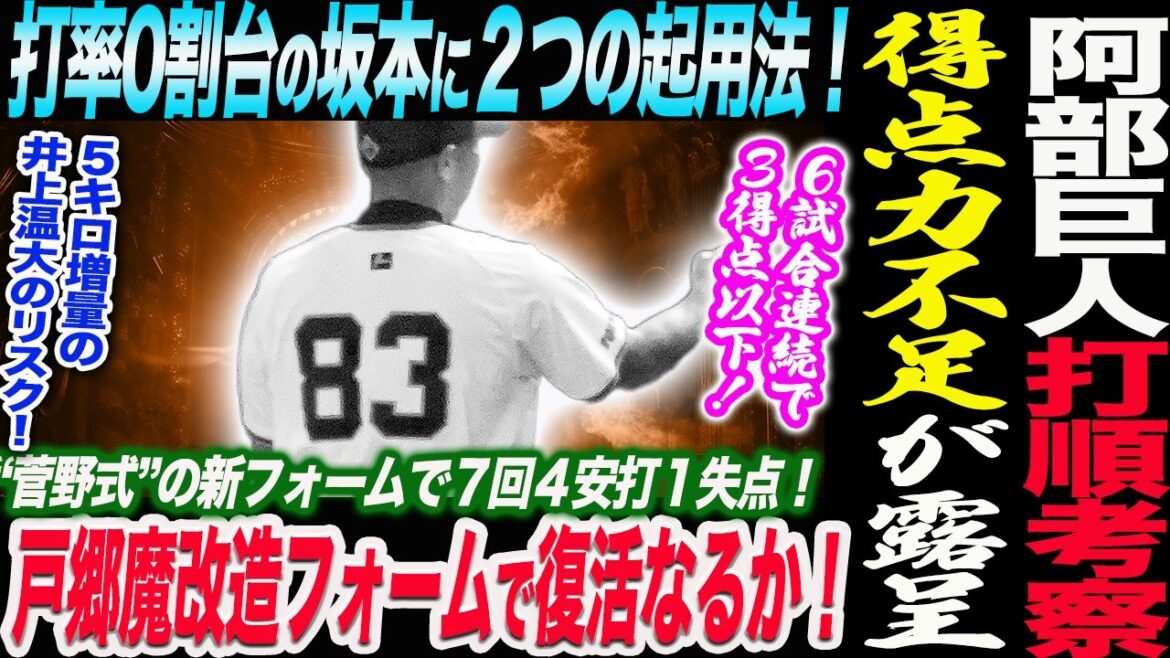阿部巨人打順考察！得点力不足が露呈！打率0割台の坂本に２つの起用法！戸郷魔改造フォームで復活なるか！５キロ増量の井上温大のリスク！読売巨人軍 ジャイアンツ 巨人 GIANTS 阿部監督