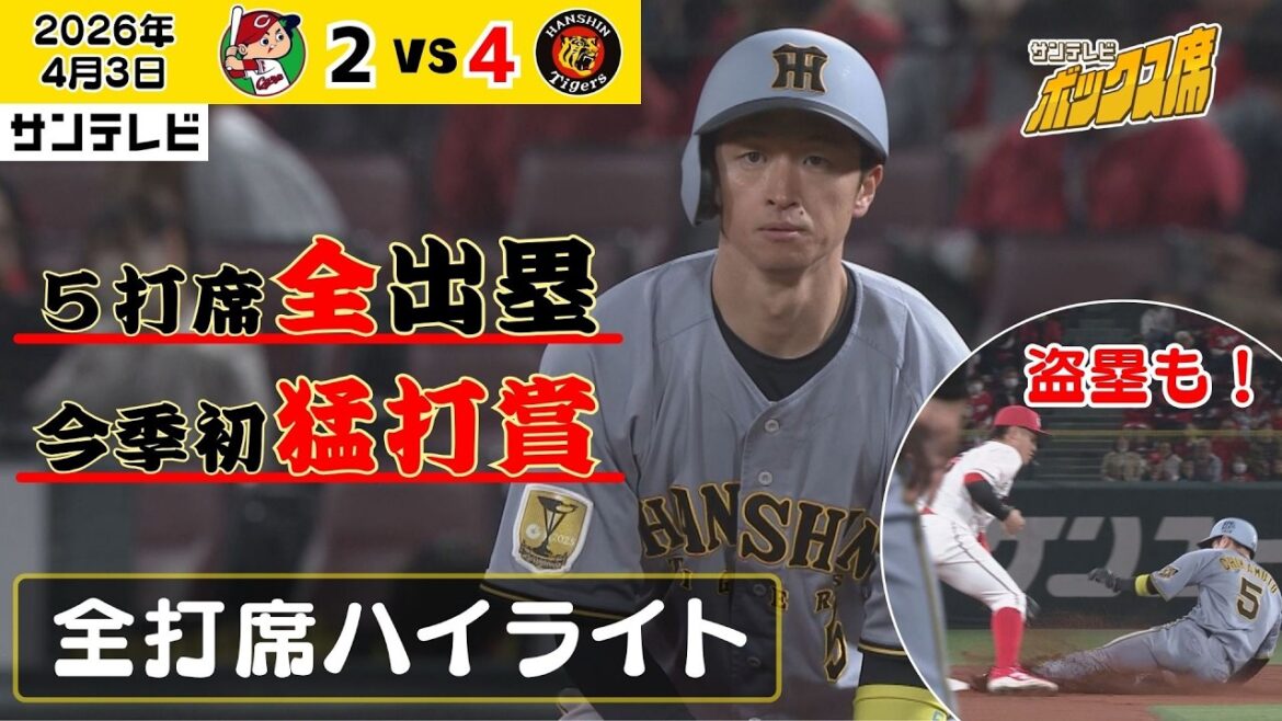 【近本 本日出塁率10割！】3安打2四球1盗塁の本領発揮！虎のリードオフマンのエンジンがかかってきました！（2026年4月3日 広島ー阪神） #サンテレビボックス席