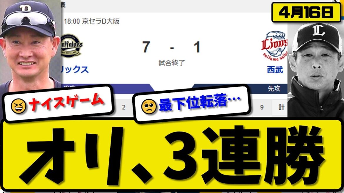 【3位vs5位】オリックスバファローズ西武ライオンズ…4月16日3連勝…先発寺西…紅林&大城が活躍【最新・なんJ・2ch】プロ野球