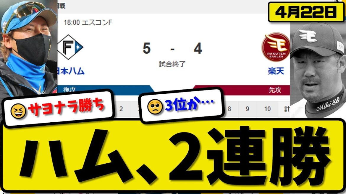 【3位vs4位】日本ハムファイターズが楽天イーグルスに5-4で勝利…4月22日サヨナラ勝ちで2連勝…先発加藤5回2失点…郡司&清宮&奈良間&淺間が活躍【最新・なんJ・2ch】プロ野球