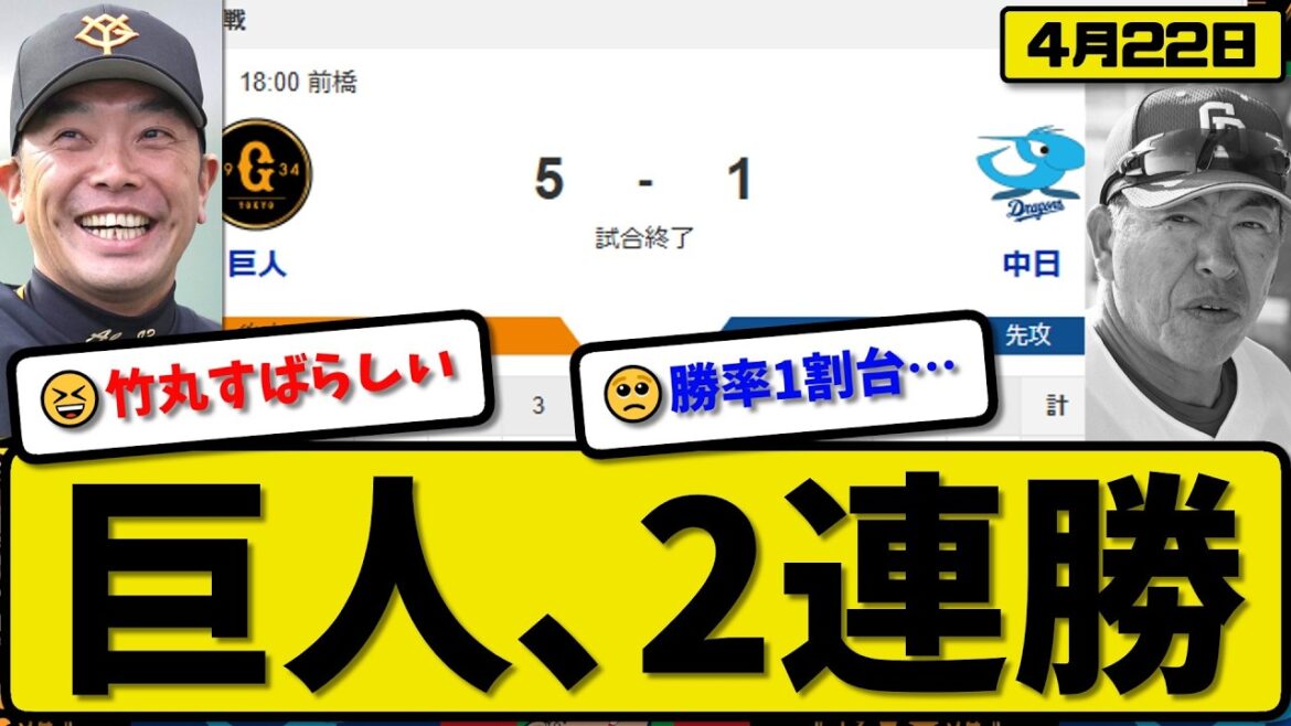 【3位vs6位】読売ジャイアンツが中日ドラゴンズに5-1で勝利…4月22日2連勝…先発竹丸5回1失点…佐々木&石塚&ダルベックが活躍【最新・なんJ・2ch】プロ野球