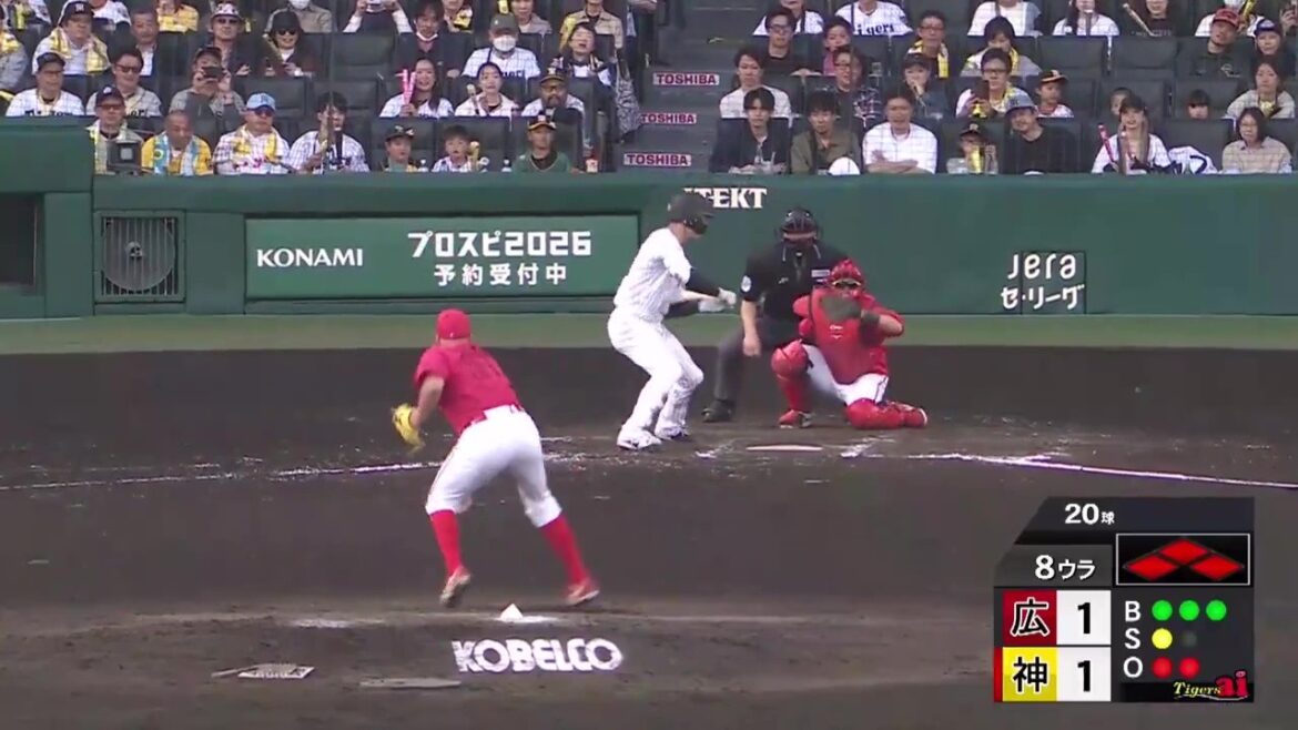 【ついに勝ち越し】8回裏、二死満塁のチャンスで#小幡竜平 選手が四球を選び押し出しで勝ち越し！