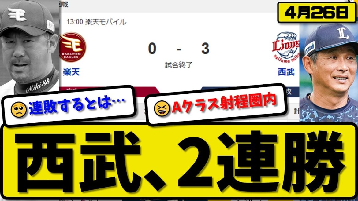 【3位vs4位】西武ライオンズが楽天イーグルスに3-0で勝利…4月26日2連勝…先発平良7回無失点…カナリオが活躍【最新・なんJ・2ch】プロ野球