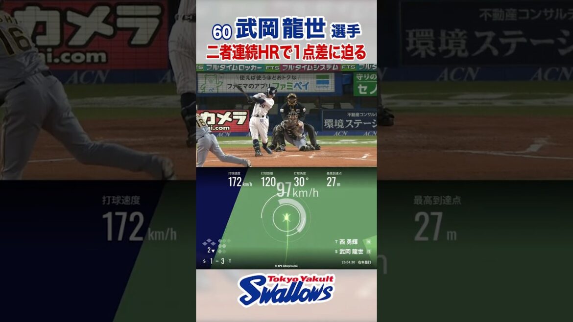 武岡龍世選手 二者連続HRで1点差に迫る #swallows #武岡龍世 #shorts