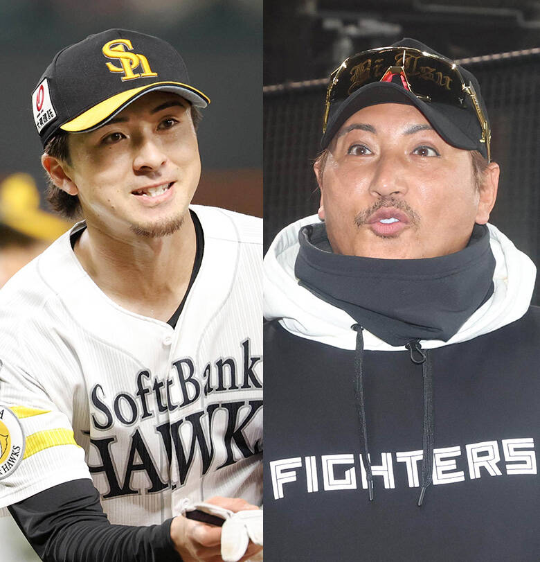 Softbank Hawks 's Uwasawa (left) and Nippon-Ham 's manager Shinjo