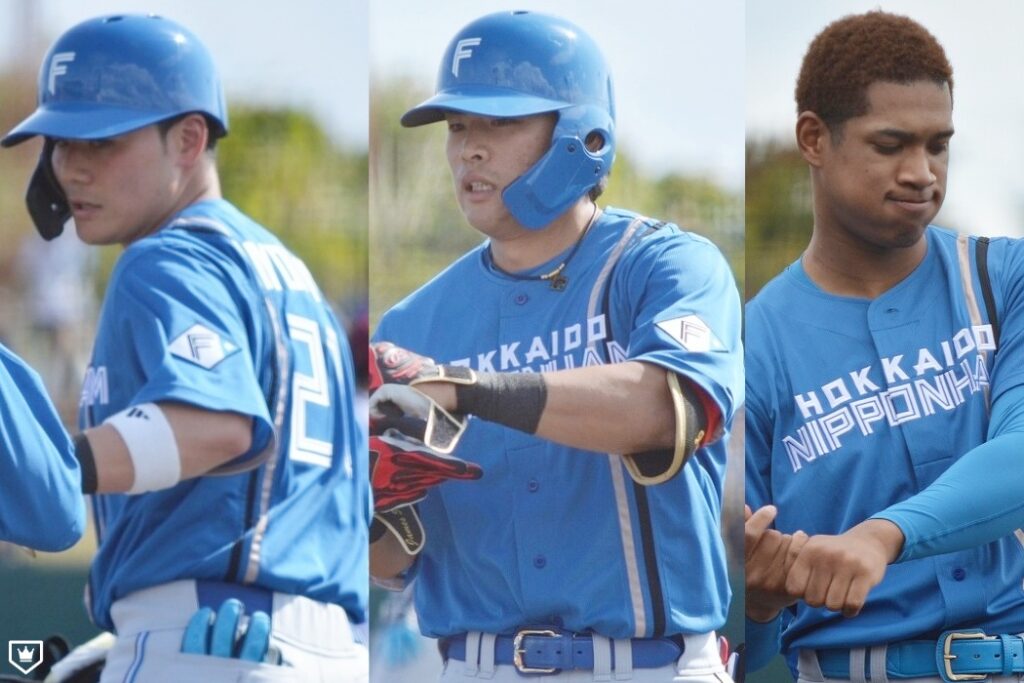 Nippon-Ham Ham Kotaro Kiyomiya (left), Yuki Nomura (center), and Chusei Mannami