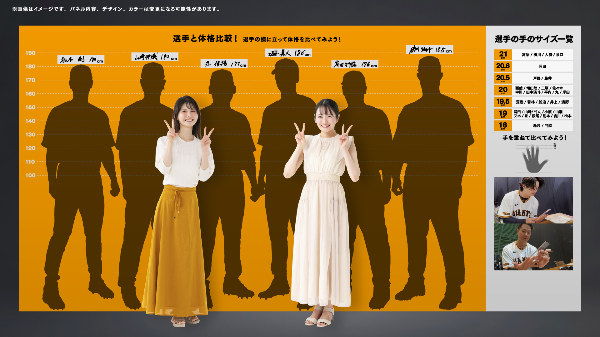 選手と体格比較ができる等身大のフォトパネル