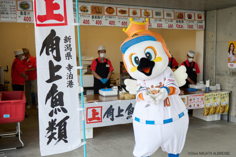 アルビレックスBC球団マスコット・アルファくんも番屋汁を紹介（画像提供：角上魚類ホールディングス株式会社）