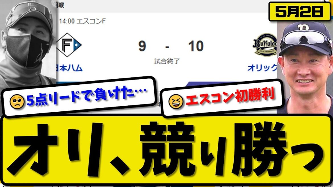 【1位vs4位】オリックスバファローズが日本ハムファイターズに10-9で勝利…5月2日競り勝つ…先発エスピノーザ2.2回6失点…シーモア&宗&森&中川が活躍【最新・なんJ・2ch】プロ野球