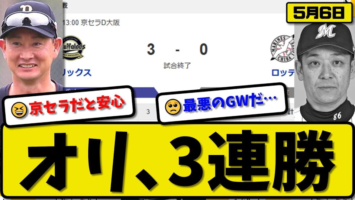 【1位vs6位】オリックスバファローズがロッテマリーンズに3-0で勝利…5月6日3連勝…先発田嶋6回無失点…野口&若月が活躍【最新・なんJ・2ch】プロ野球