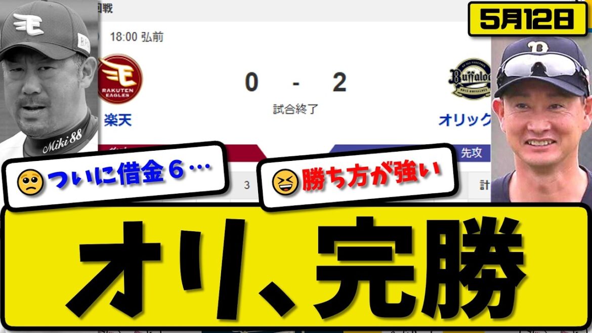 【1位vs5位】オリックスバファローズが楽天イーグルスに2-0で勝利…5月12日完勝…先発九里6.2回無失点…西川&太田が活躍【最新・なんJ・2ch】プロ野球