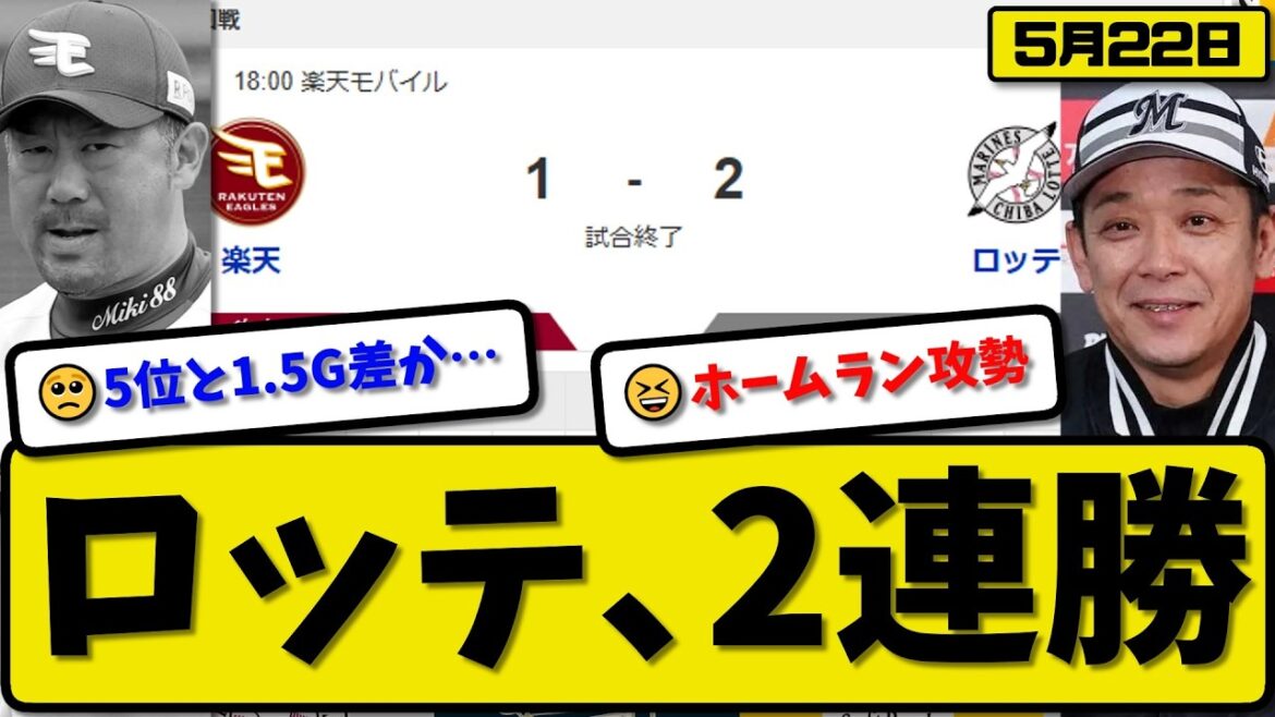 【5位vs6位】ロッテマリーンズが楽天イーグルスに2-1で勝利…5月22日2連勝…先発小島7回1失点…山口&西川が活躍【最新・なんJ・2ch】プロ野球