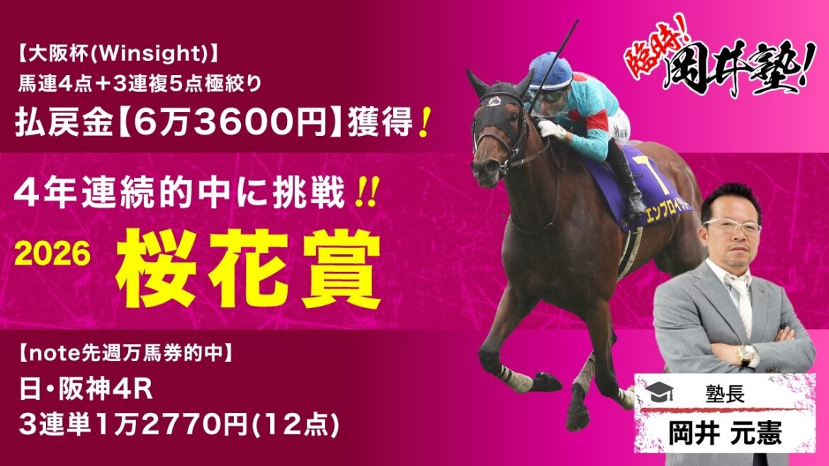 【桜花賞2026予想】桜花賞3年連続的中の塾長！今週の「厳選5頭」も注目必至[臨時！岡井塾]