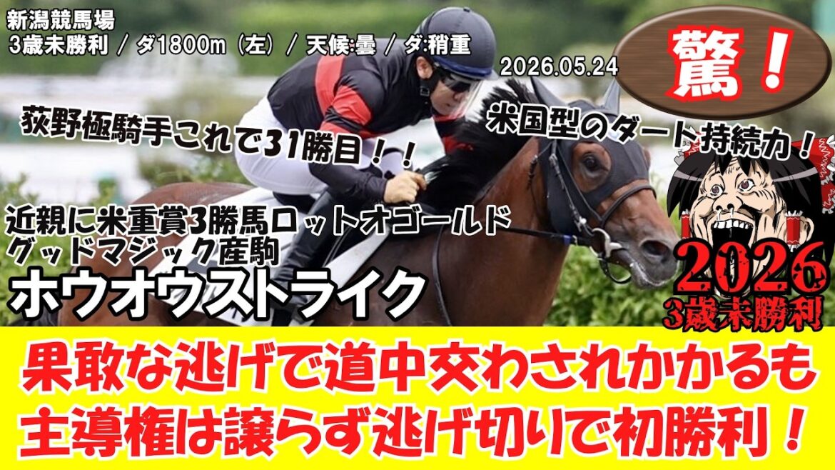 【競馬】 驚き！果敢な逃げで道中交わされかかるも主導権は譲らず逃げ切りで初勝利！ 3歳未勝利 (2026.05.24・新潟6 R) 2026 / ホウオウストライク