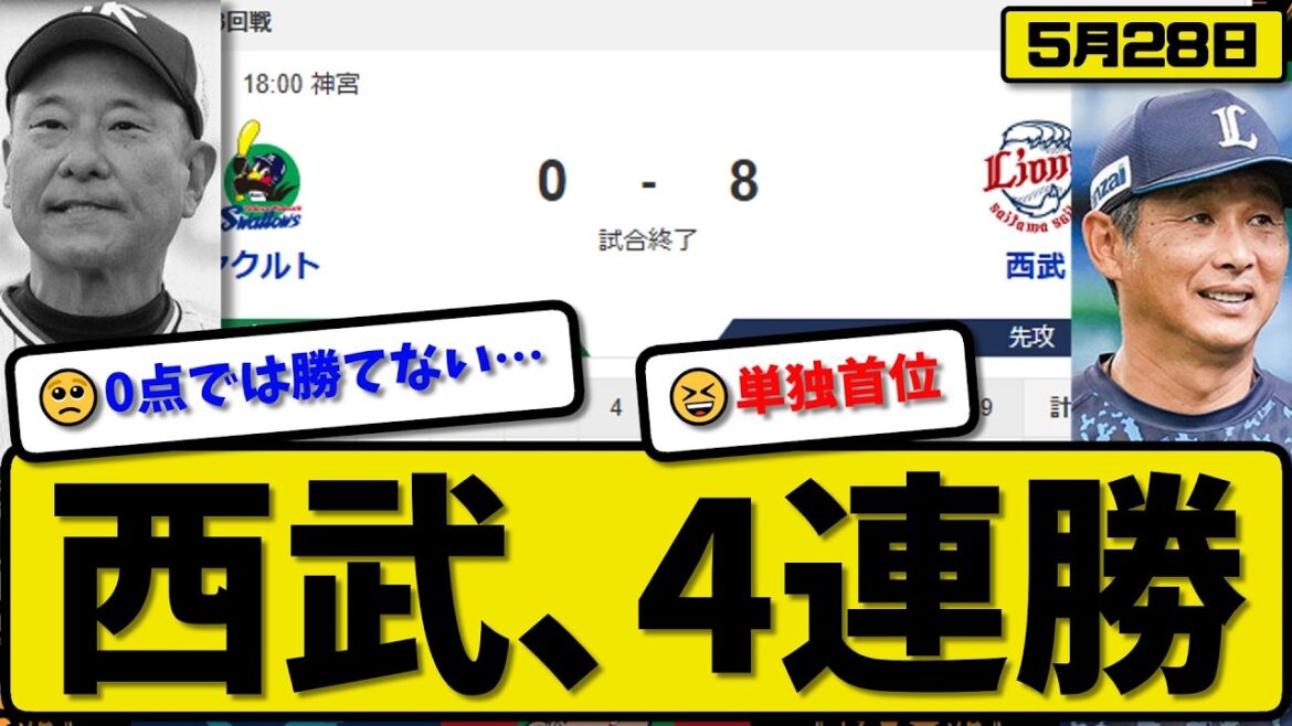 【セ1位vsパ1位】西武ライオンズがヤクルトスワローズに8-0で勝利…5月28日4連勝…先発武内6回無失点…長谷川&渡部&カナリオ&桑原が活躍【最新・なんJ・2ch】プロ野球