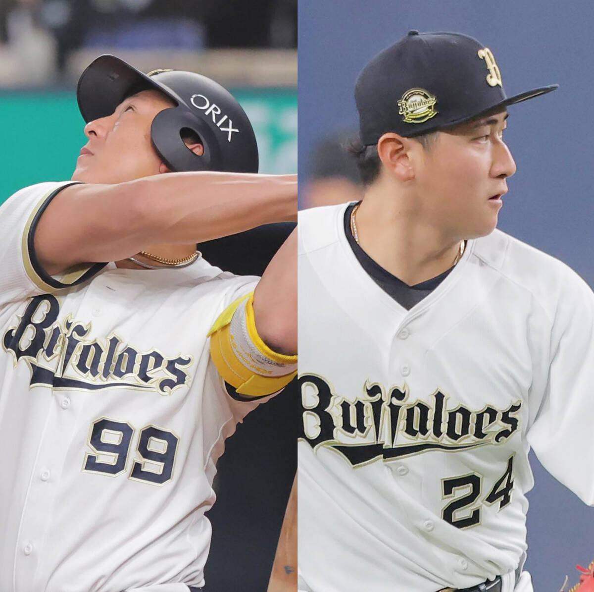 Orix Buffaloes 's Yutaro Sugimoto (left) and Kotaro Kobayashi